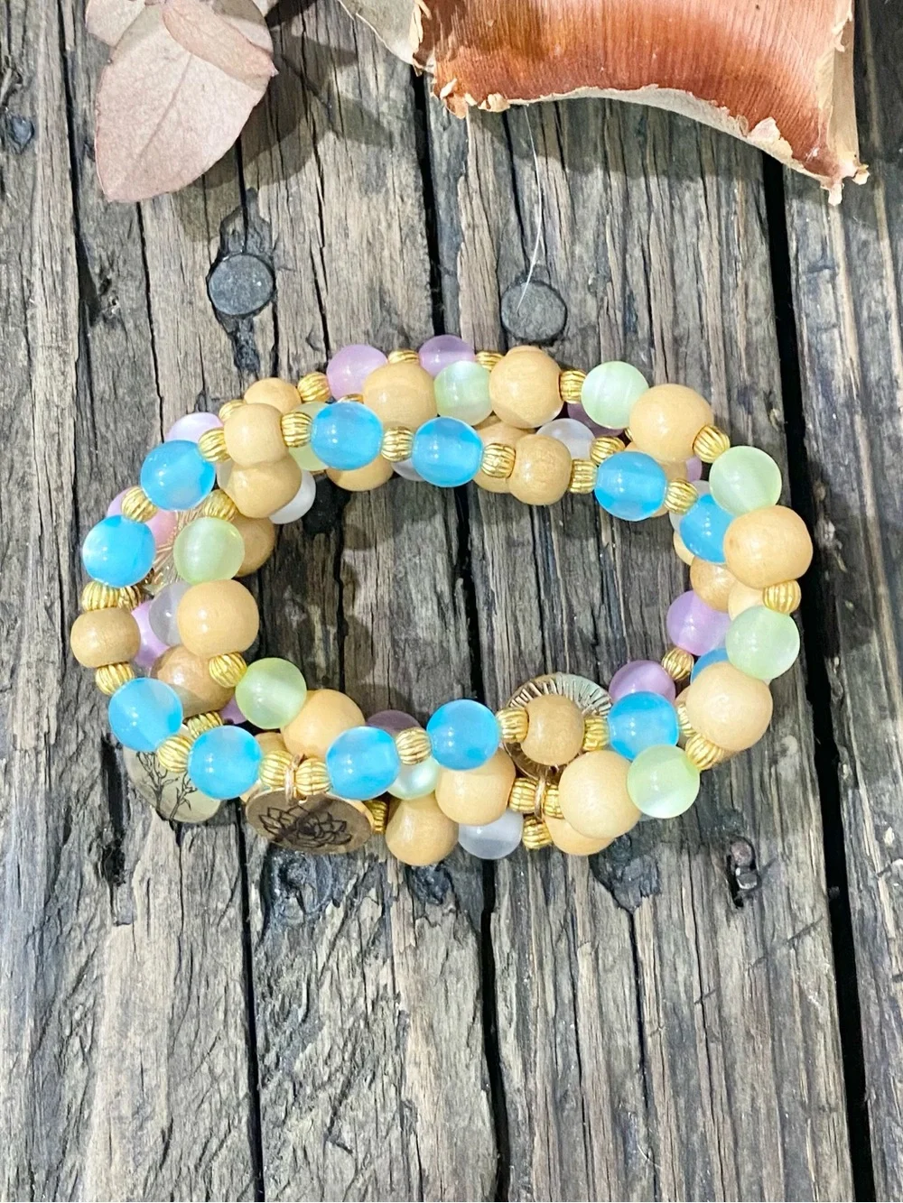 Multicolor Beaded Bracelet Set with Flower Charm, 4 pieces